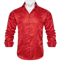 red party shirts for man fashion silk long sleeve blouse summer spring solid paisley button down collar shirt male designer tops