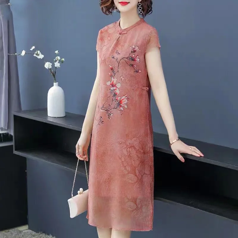 

EE34 New middle-aged mom summer chiffon dress with a stylish waistband that looks slimmer for middle-aged and elderly women
