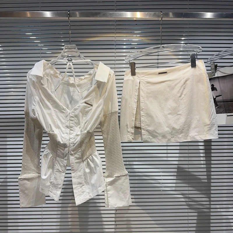 

PREPOMP 2023 Summer Knitting Spliced Long Sleeve Slim Waist Shoulder Pads V Neck Shirt Short Skirt Two Piece Set Outfits GK181