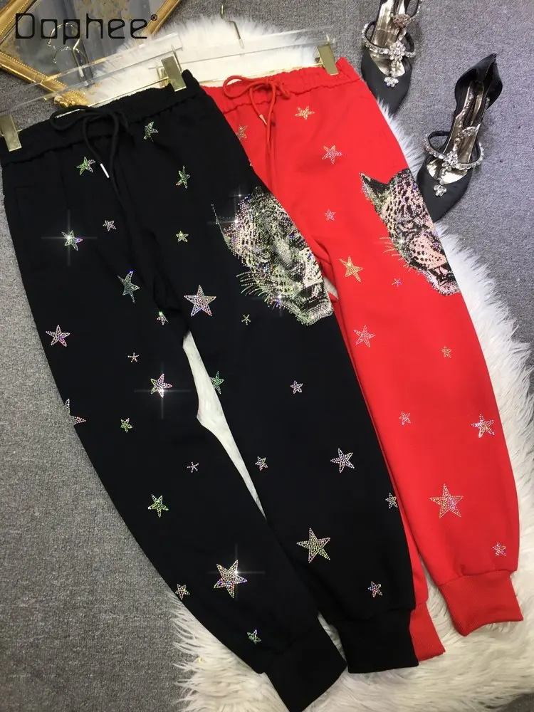 Autumn and Winter Heavy Embroidery Hot Drilling Sweatpants Leopard Xingx Casual Elastic Waist Ankle-Tied Sports Pants Trousers