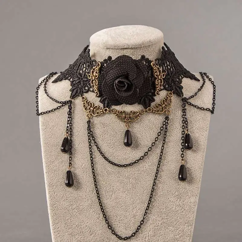 

Ожерелье в готическом Стиле Лолита, подвеска, темное кружево, роза, черный драгоценный камень, короткое ожерелье, подвеска вампира, аксессуары, чокер