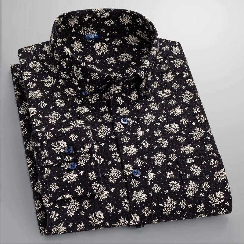 100% Pure Cotton Printed Casual Fashion Button Up Shirt Mens Long Sleeve Print Shirt Button Down Shirts for Men Korean Clothes