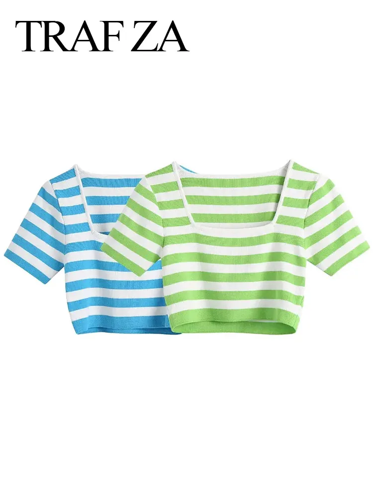 

Женский укороченный свитер в полоску, с коротким рукавом