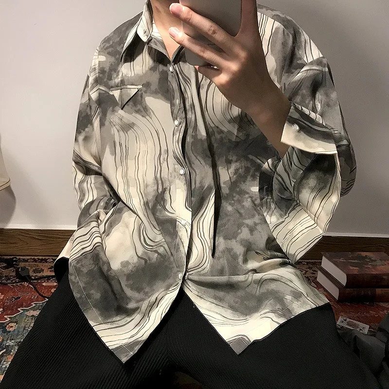

Spring Summer Vintage Ink Painting Shirts Men Loose Casual Shirt Men Senior Shirt Men Casual Long-Sleeved Shirt Men Shirt Men