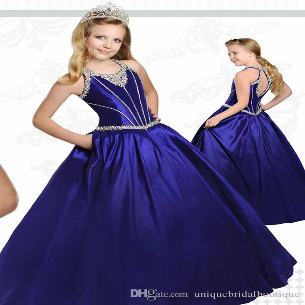 

Royal Blue Teens Pageant Dresses Ritzee with Tear Drop Back and Beaded Neck Beautiful Taffeta Girl Pageant Dress with Pocke