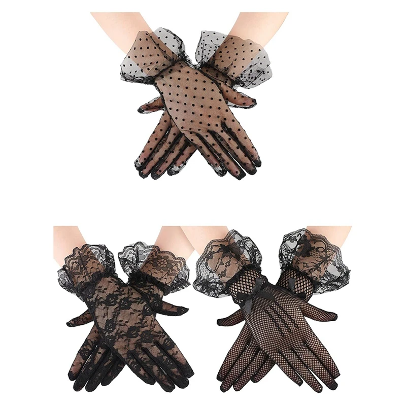 

3 Pairs Of Lace Gloves Elegant Short Etiquette Summer Gloves Girl Wedding Halloween Party Costume Accessories
