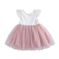 new girls lovely princess dress middle childrens mesh flying sleeve puffy skirt stitched bow solid color dress