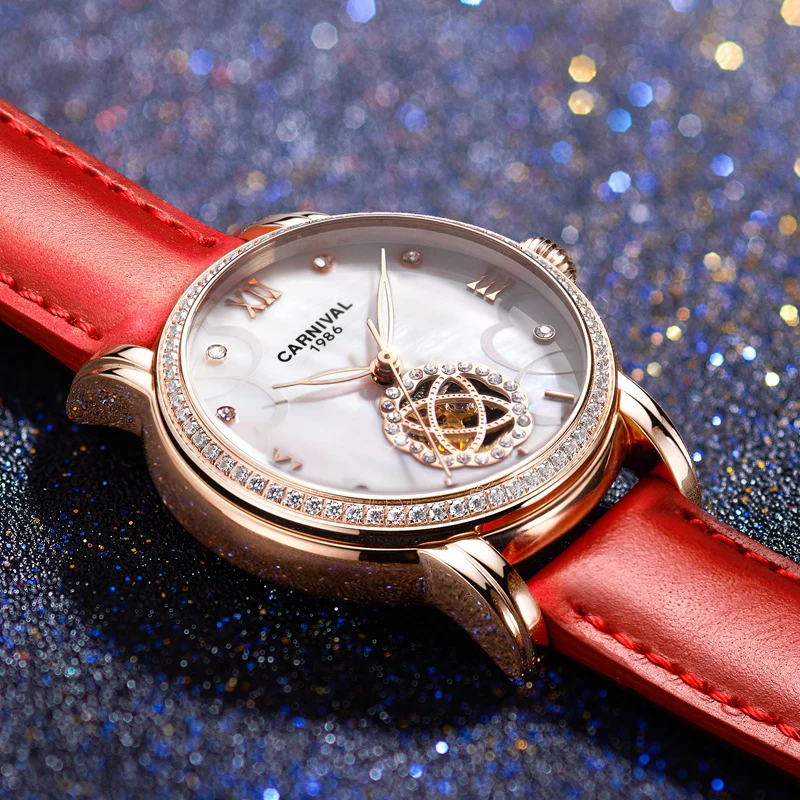КАРНАВАЛ брендовые роскошные механические часы для женщин женские розовое