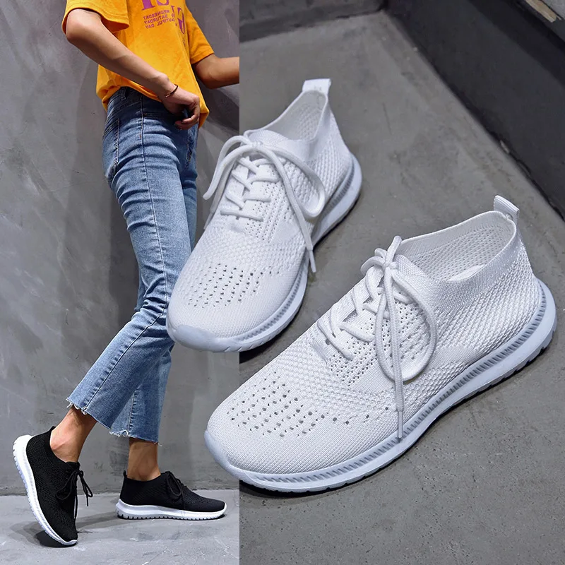 

Кроссовки женские на шнуровке, повседневная спортивная обувь для бега, сетчатые дышащие, Вулканизированная подошва, черные, белые, на лето