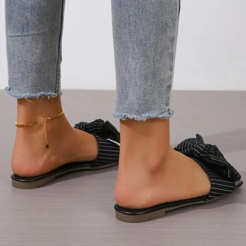 Women Striped Pattern Bow Decor Flat Sandals Preppy Fabric Slides Sandals Big Size Open Toes Home Leisure Women Slippers