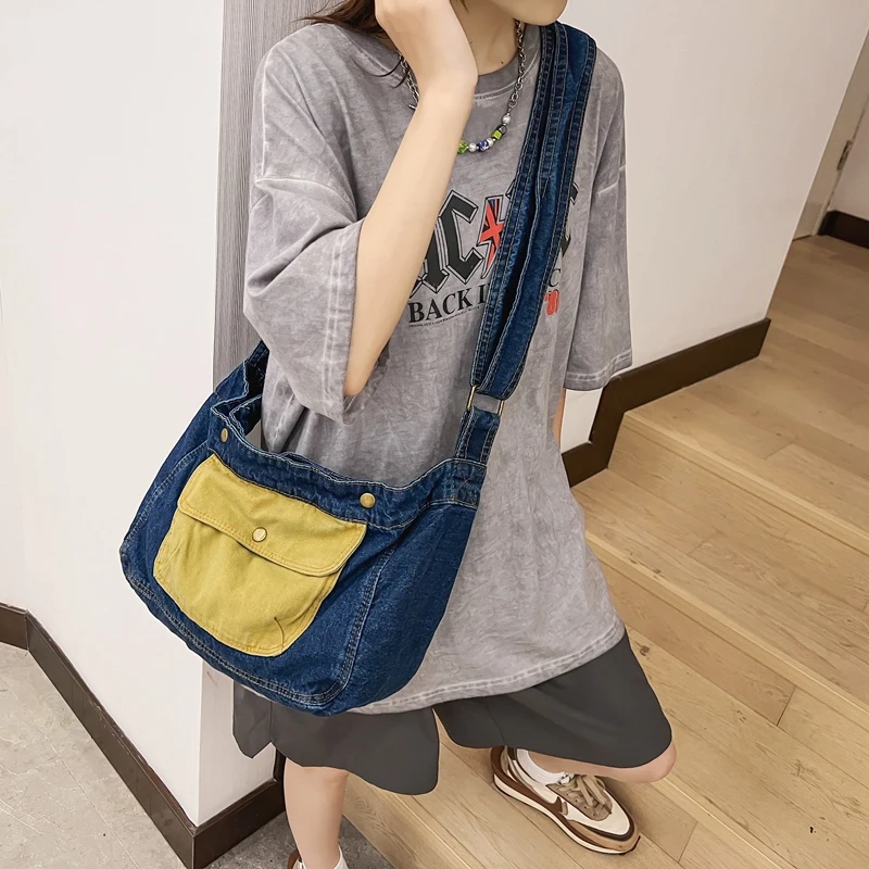Patchwork Women's Bag 2022 Trend Denim Shoulder Bag Y2K Simple Shoppers Bag Large Capacity Messenger Bag Eco Bag Korean Student