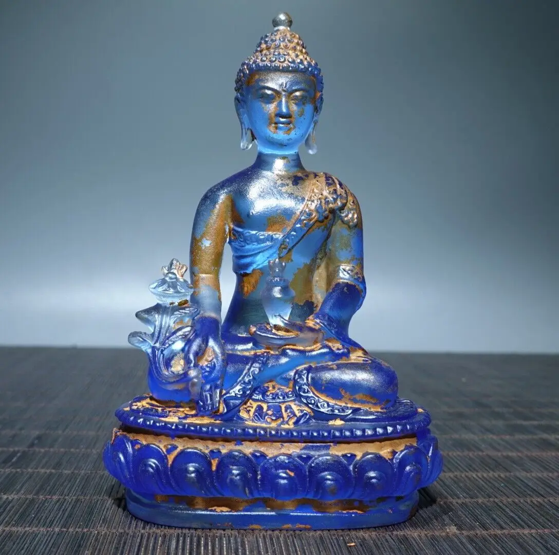 

12cm Exquisite blue Coloured glaze carved Sakyamuni Medicine buddha statue