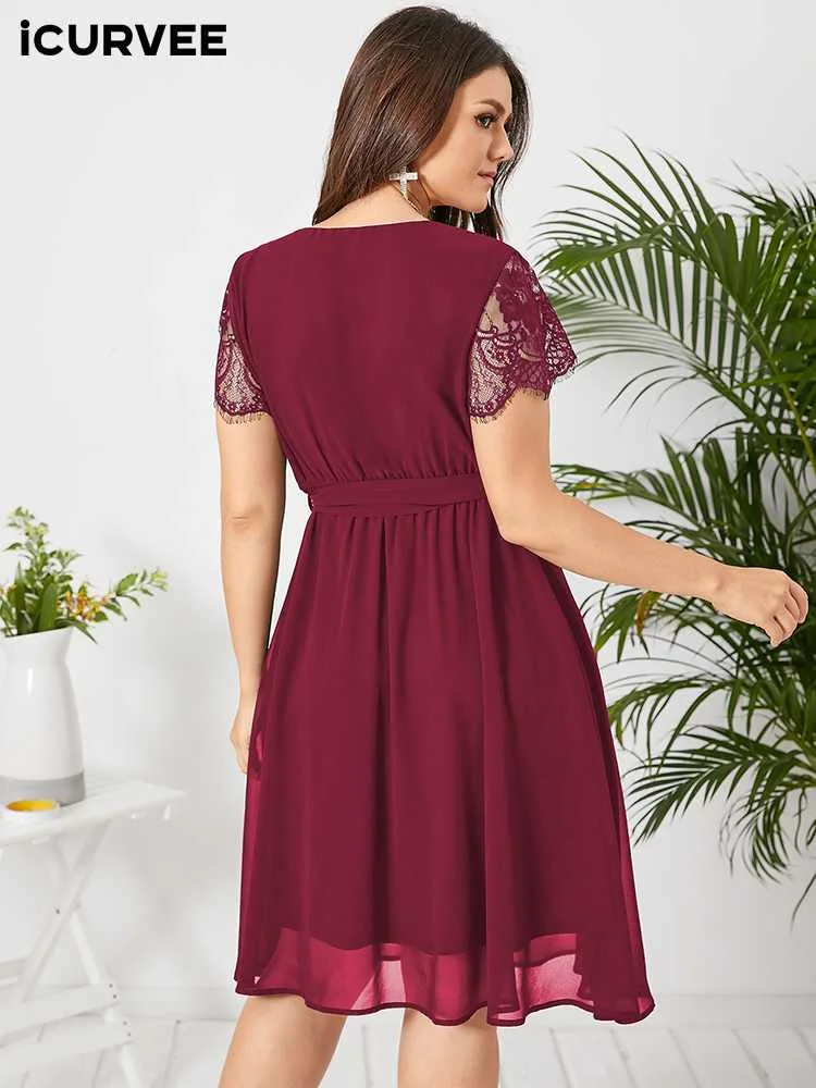 ICURVEE Elegant Mini Dress Summer Plus Size Short Sleeve Lace Chiffon Bohemian Sundress 2023 Sexy V Neck Casual Party Beach Robe