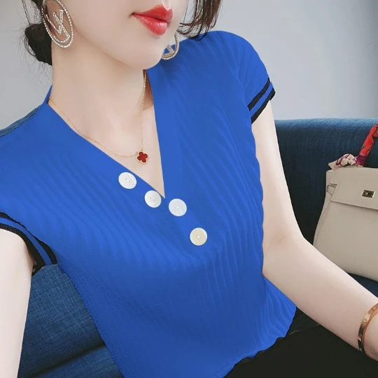 

Женская трикотажная футболка с V-образным вырезом, голубого цвета