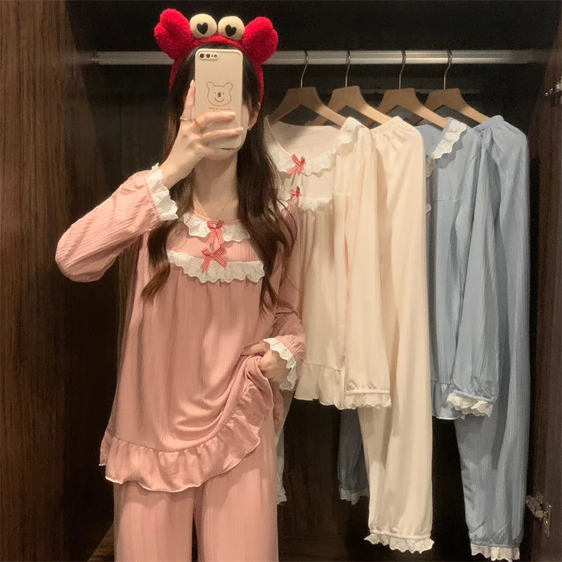 Pajamas Set Sexy Bow Sleepwear For Women Pink Elastic Pyjama Women's Polyester Fashion Sweet Homewear Clothes Big Size