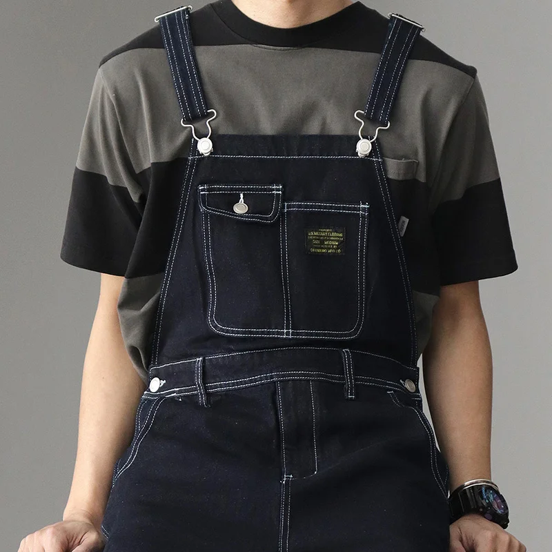 

Amekaji Vintage Men Autumn Winter New Multi-pocket Plain Striped Overalls Straight Denim Jeans Retro Casual Long Trousers