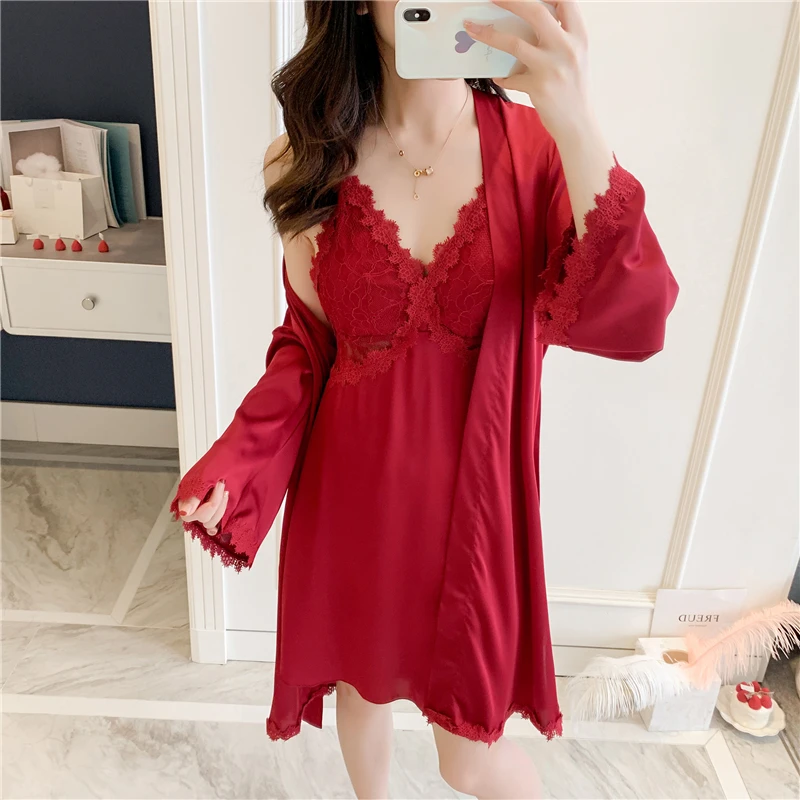 2022 suspenders sexy two-piece set sleeping skirt with breast pad ladies embroidered summer silk satin nightgown thin style paja