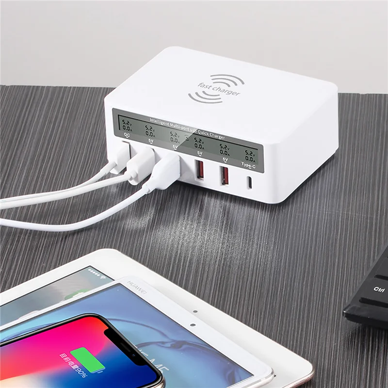 40W 6 Port USB C Charger QI Wireless Charger For iPhone Samsung Xiaomi HUAWEI QC3.0 Fast Charger PD Usb C Quick Charging Station