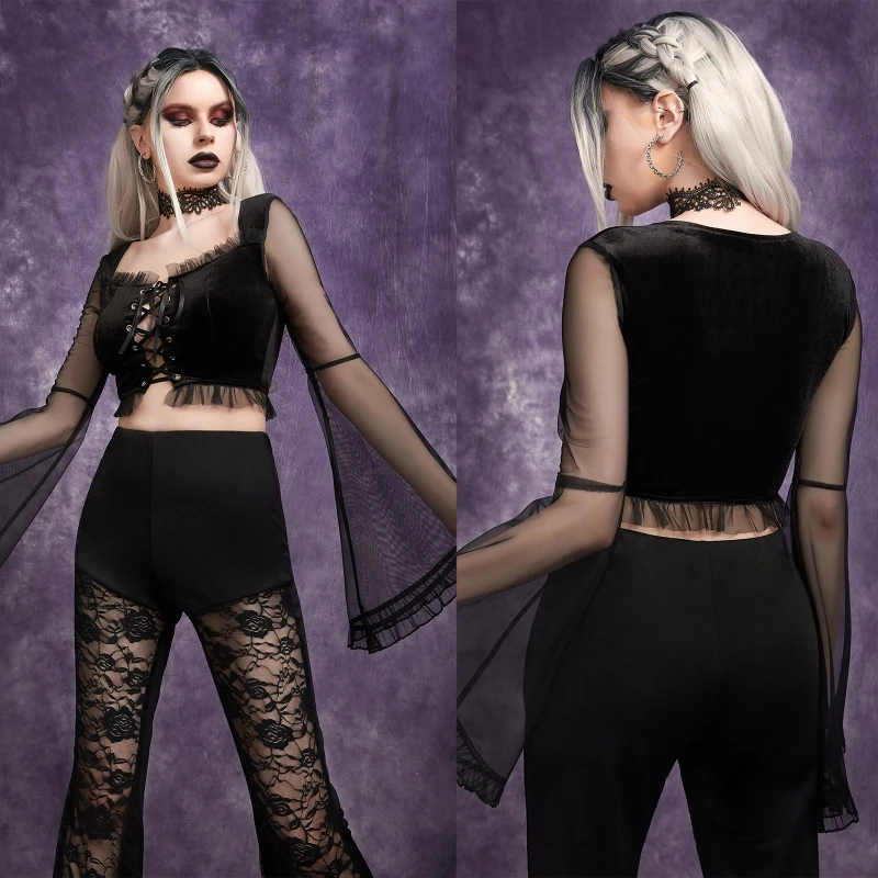 

Женские сексуальные винтажные дизайнерские футболки с рукавами-фонариками, U-образным вырезом и оборками, кроп-топы с перекрестной шнуровк...