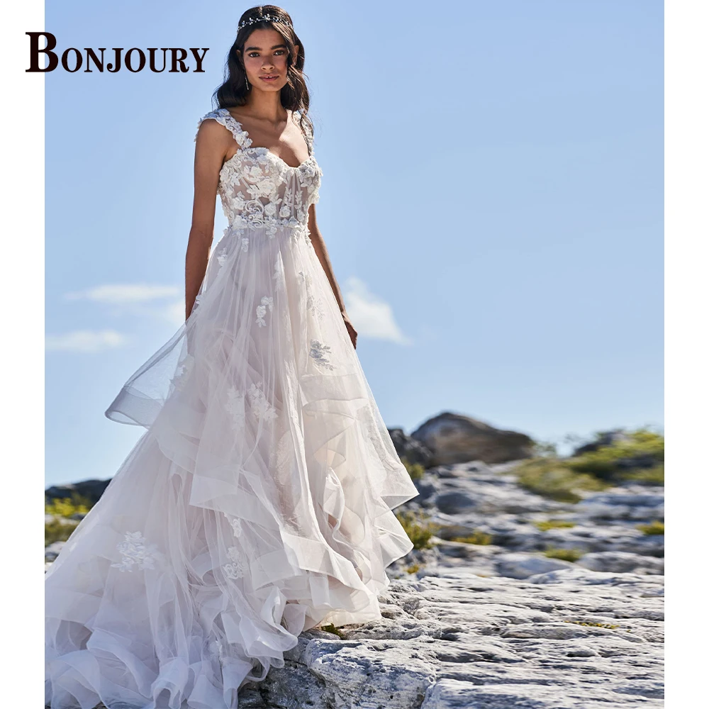 

BONJOURY Fashion Wedding Dresses Tiered Tank Sweetheart Pleat For Women 2023 Bride Lace Appliques Customised Vestido De Novia