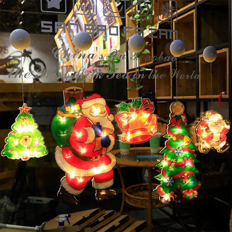 

Украшение для дома, светодиодные Рождественские подвесные светильники на присоске в форме Санта-Клауса, снеговика, украшение на окно, подар...