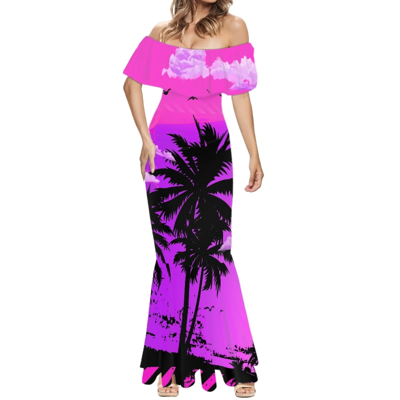

Polynesian Tribal Hawaiian Totem Tattoo Hawaii Tropical Banana Tree Prints Off Shoulder Short Sleeve Sexy Stylish Luxury Dress