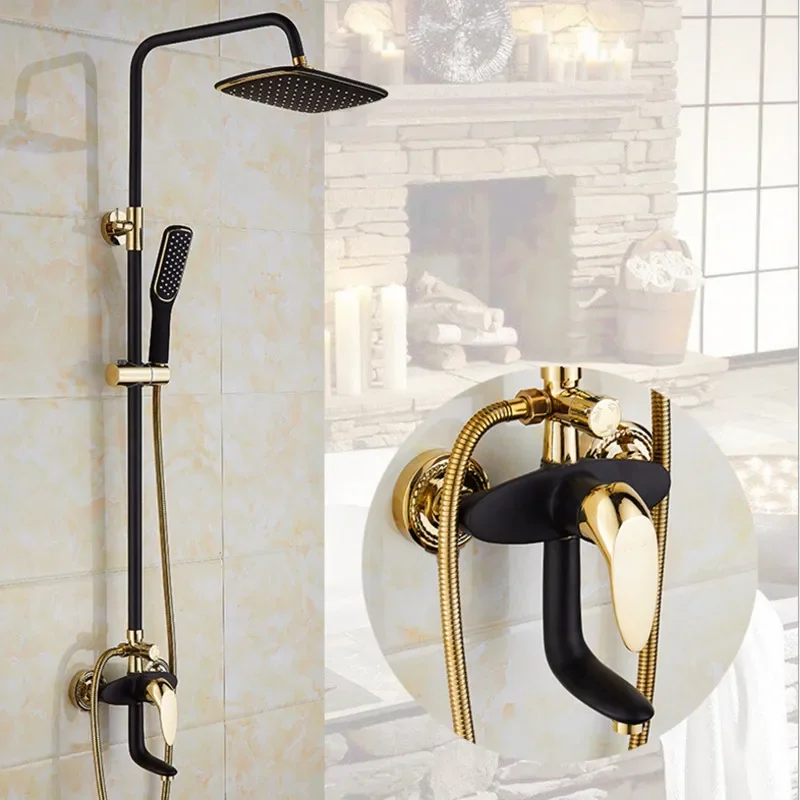 

European luxury blak shower set gold shower sets with quality brass Rain shower head set for fashion wall mount shower caddy