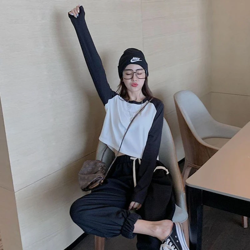 

Short T-shirt Top Women's Loose Spring and Autumn Korean Version High Waist Stitching Long Sleeve Cotton Bottoming Shirt Trendy