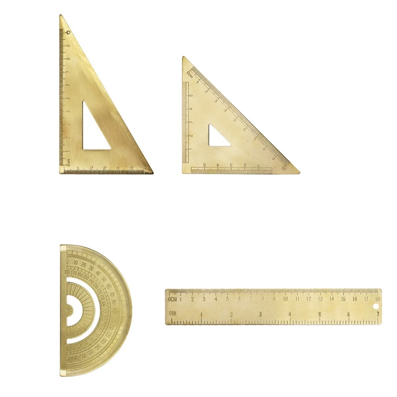 

4Pcs Measuring Ruler Set Drawing Instruments Include Brass Protractor Isosceles Right Angle Triple-cornered Ruler