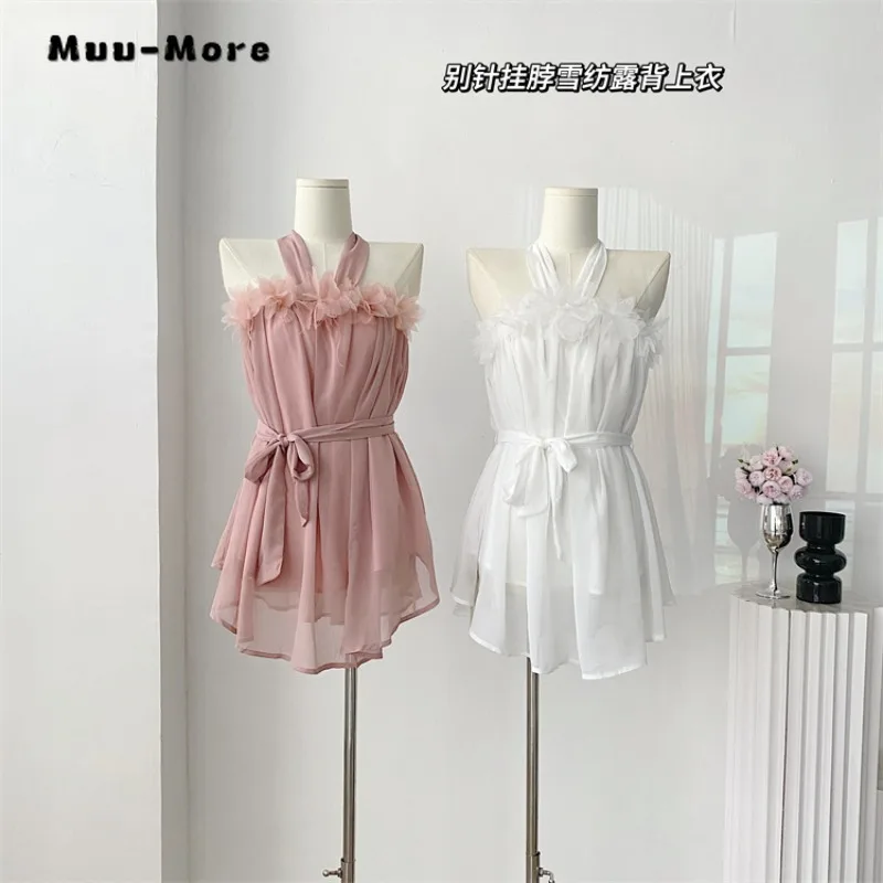 

2023 Summer Fairy Backless V-Neck Solid Color Suspender Dresses Women High Waist Chiffon Slim Fit Belted Sexy Clubwear Dress