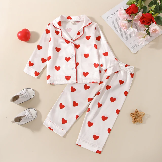 1-6Y Kids Girls Pajamas Set Baby Heart Print Sleepwear Long Sleeve Lapel Buttons Tops Pants Children Homewear Nightwear 1