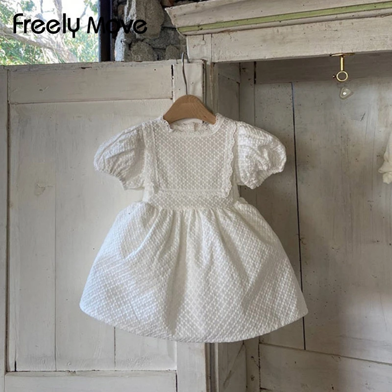 

Freely Move Girls Dress Summer New Lace Collar Short Sleeve A Line White Cotton Dresses Korean Style Children Clothing For Girl