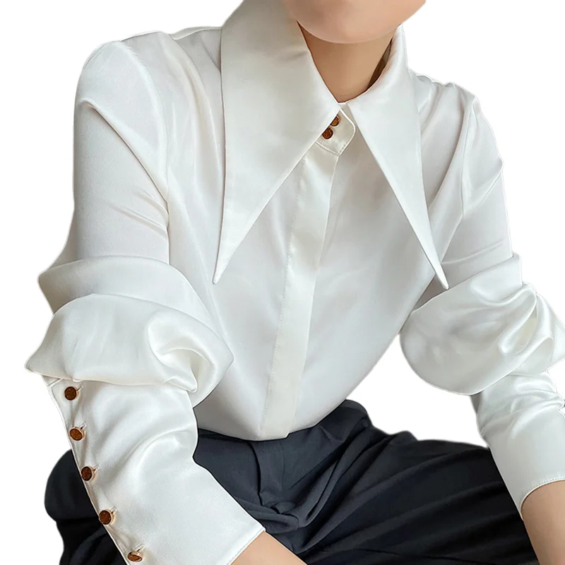 

2022 Spring White Shirts Satin Silk Women Button Up Shirt Vintage Women Blouse New Casual Ladies Tops Elegant Blusas Chic 16946