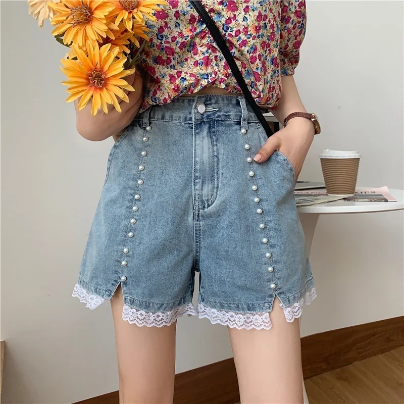 Sweet Y2k Pearl Lace Denim Shorts 2023 Korean Women Summer Sexy High Waist Straight Jeans Shorts Casual Loose Wide Legs Shorts