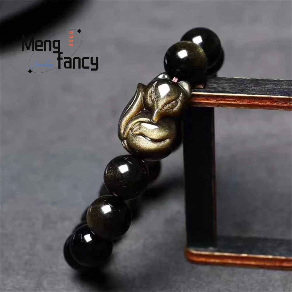 Сказочный браслет из натурального обсидиана в виде маленькой лисы