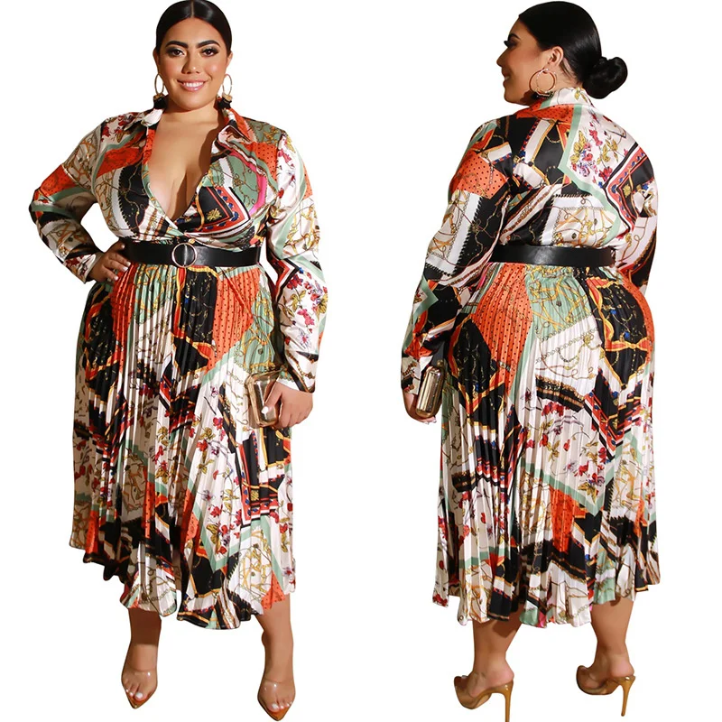 Plus Size Autumn Women Dress Bohemian Dresses with Belt Long Sleeve V-neck A-line Casual Ol Elegant Dress Who 3xl 4xl 5xl 6xl
