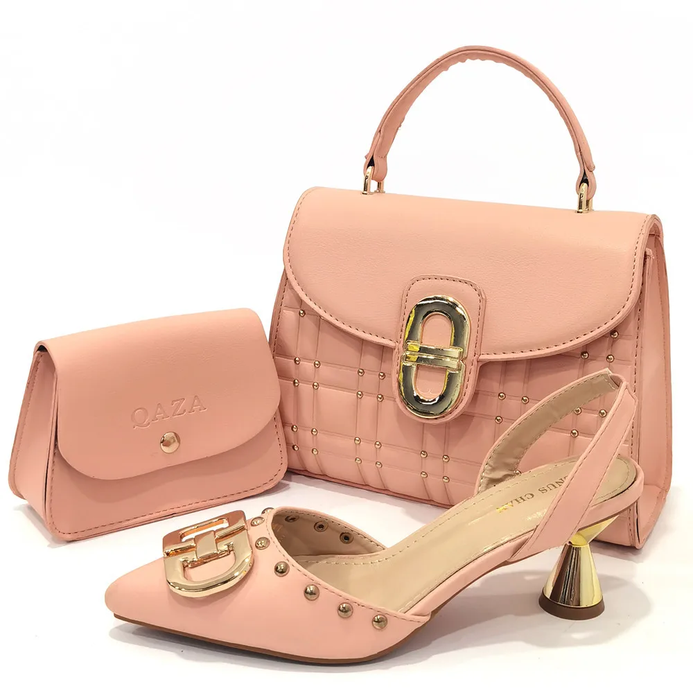 The Peach Color Simple Fashion Water Ripple With Metal Decorative Belt Waterproof Platform Ladies Sandals Shoes And Bag Set