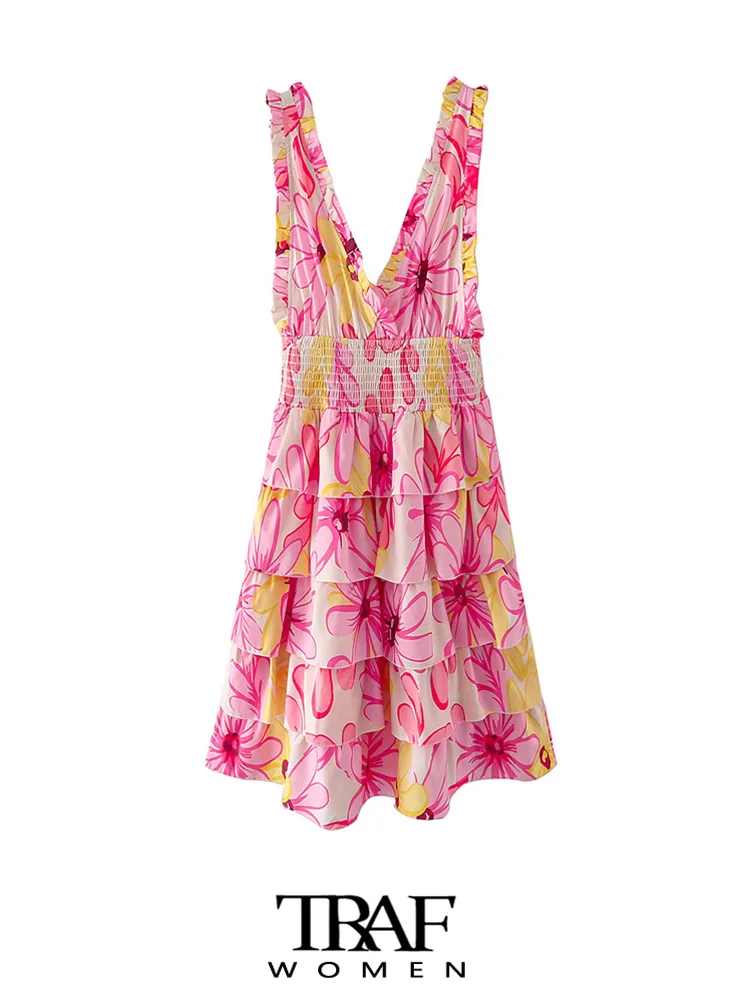 

Платье-мини с цветочным принтом, воланом и открытой спиной