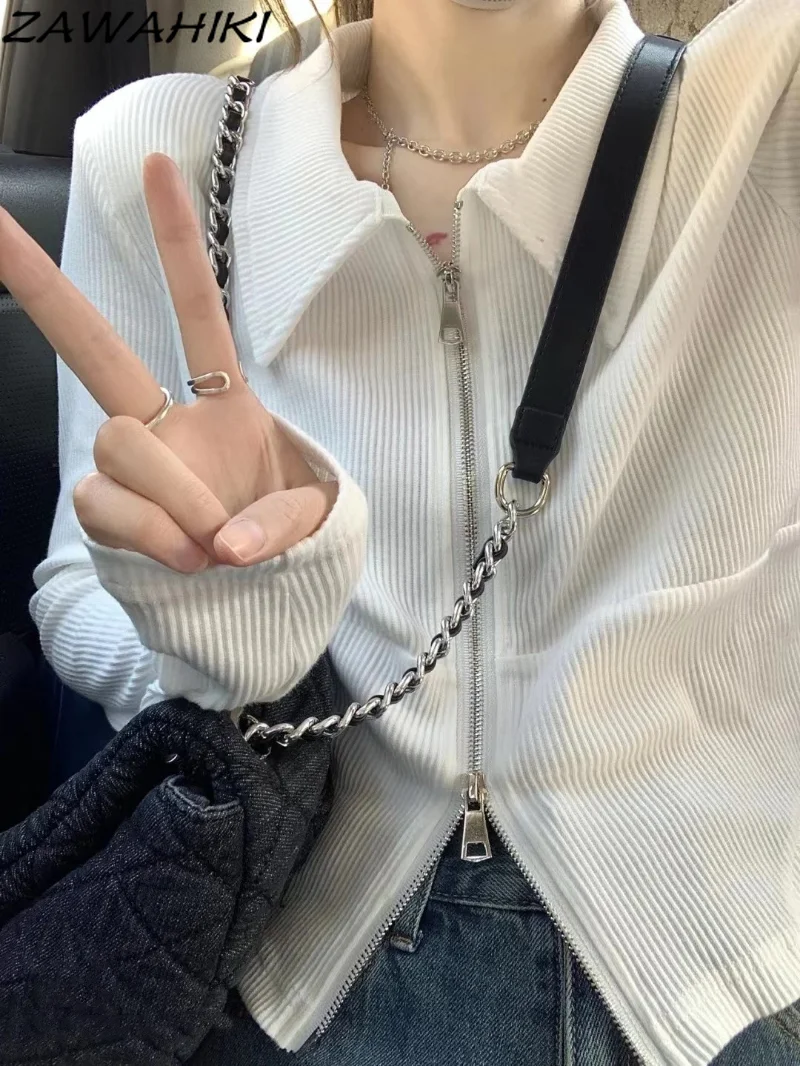 

Женский трикотажный топ на молнии, однотонный винтажный топ с отложным воротником, Y2K