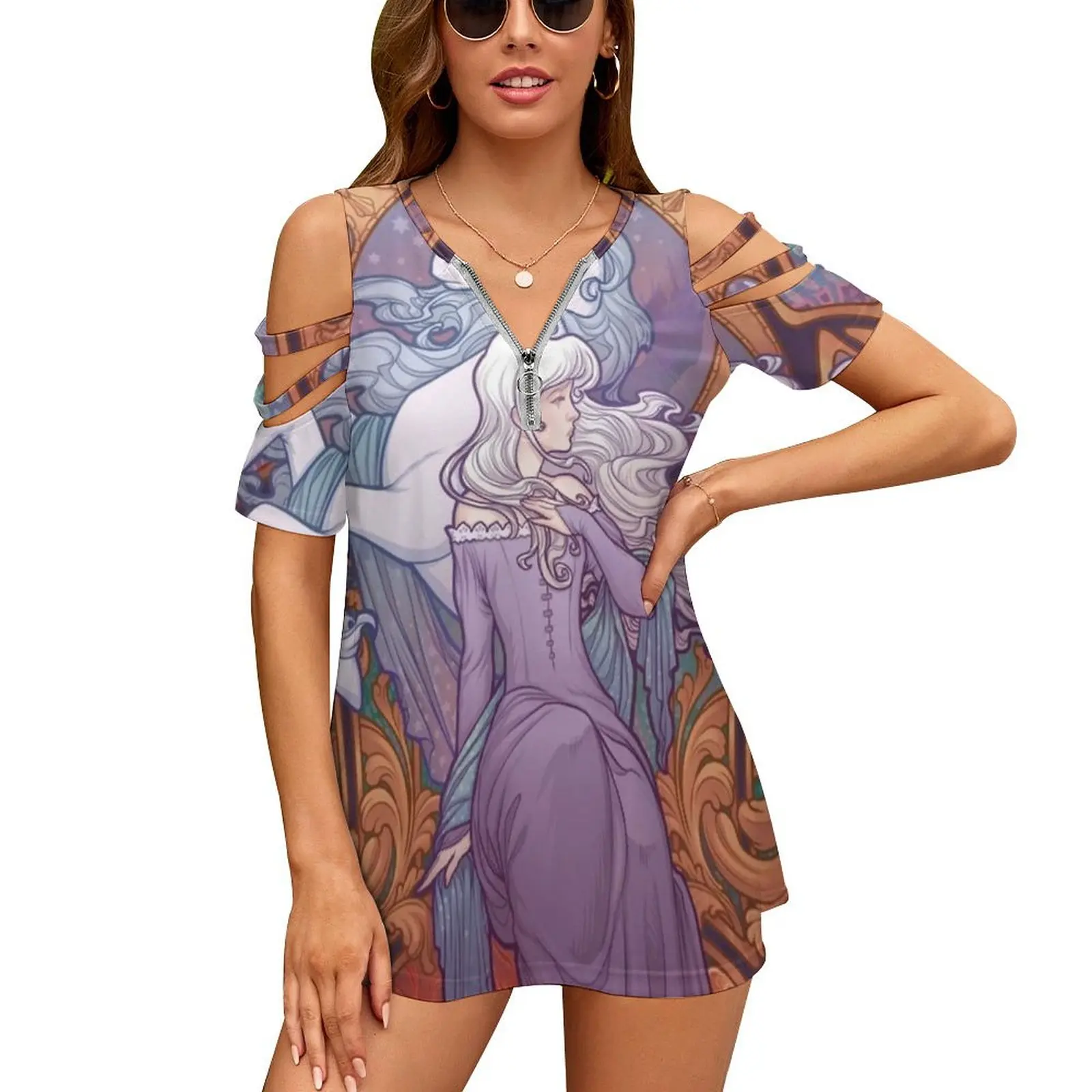 

Lady Amalthea-The Last Unicorn Women'S T-Shirt New Fashion Printed Zipper V-Neck Short Sleeve T Shirts Casual Plus Size