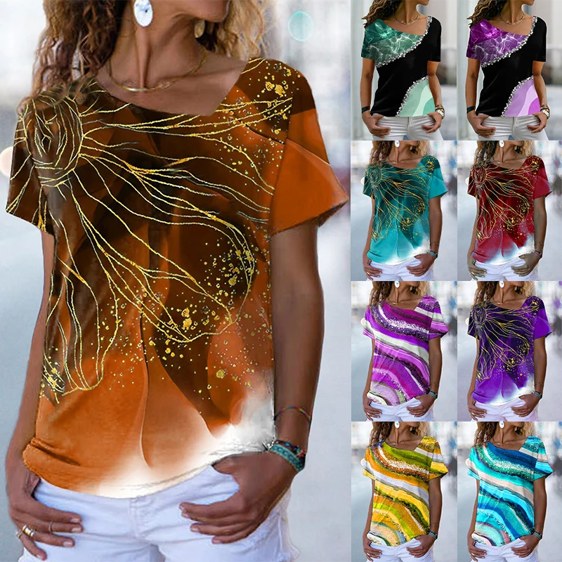 

Women's Fashion New Flower Print Theme Short Sleeve T Shirt V Neck Basic Elegant Shirt Top Summer Casual Pullover Xs-8Xl