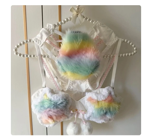 

Rainbow color bra and panty set sweet girl winter lingerie underwear suit cute niche plush doll quirky cute student girl bra set