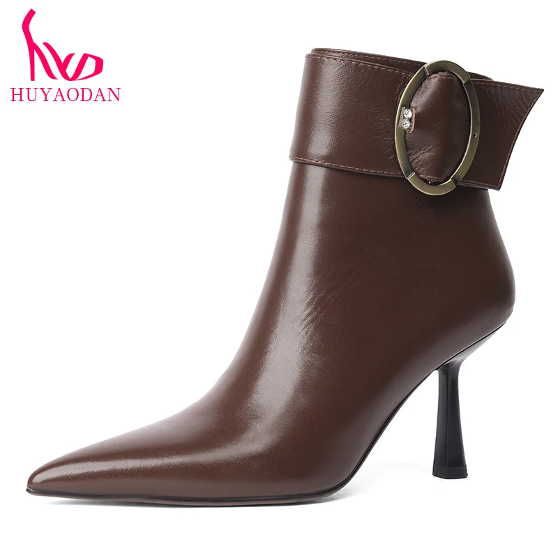 

Женские ботинки из натуральной коровьей кожи HUYAODAN, пикантные полусапожки на высоком каблуке, с острым носком, цвет черный/коричневый, офисная обувь, размеры 39