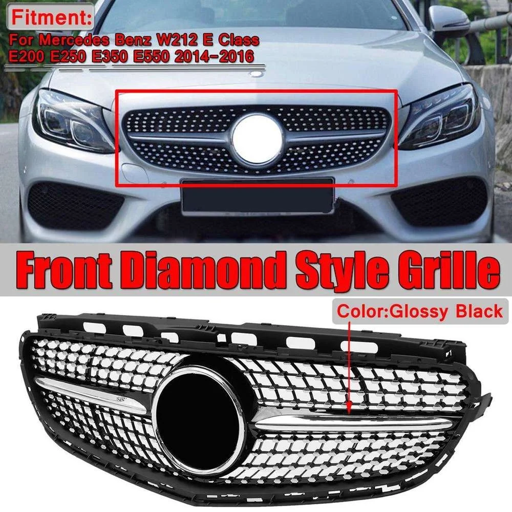 

RMAUTO Diamond Style Car Front Bumper Grill Grille Racing Grills Glossy Black For Mercedes Benz W212 E250 E550 E350 2014-2016