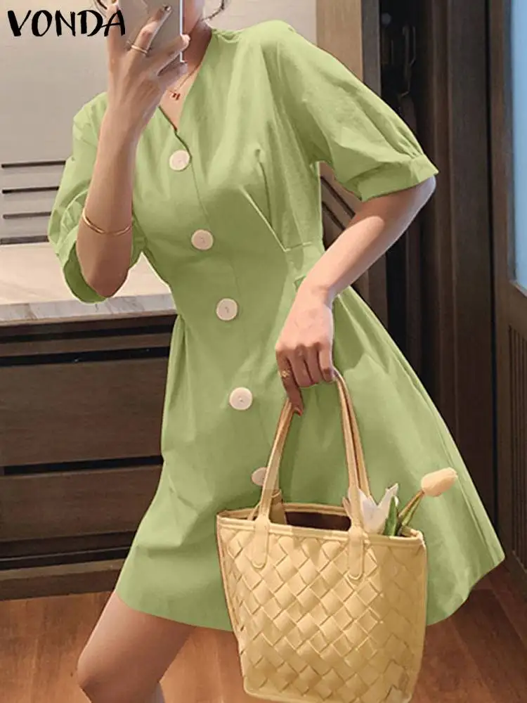 

VONDA Fashion Mini Sundress Summer Shirt Dress 2023 Women Short Sleeve Casual Loose Solid Color V-Neck Female Vestidos Belted