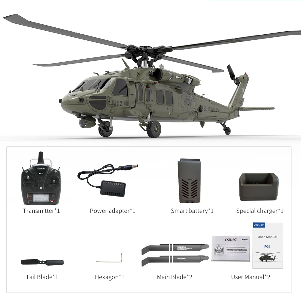YXZNRC F09 UH60 Black Hawk 2.4G 6CH 3D6G System Dual Brushless Direct Drive Motor 1:47 Scale Flybarless RC Helicopter enlarge