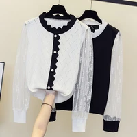 black white hollow out lace knitted korean harajuku pullover spring autumn winter knitted vintage pullover fashion woman elegant