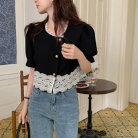 small fragrance lace short sleeve short style high end cardigan suit jacket womens summer french black bubble sleeve top