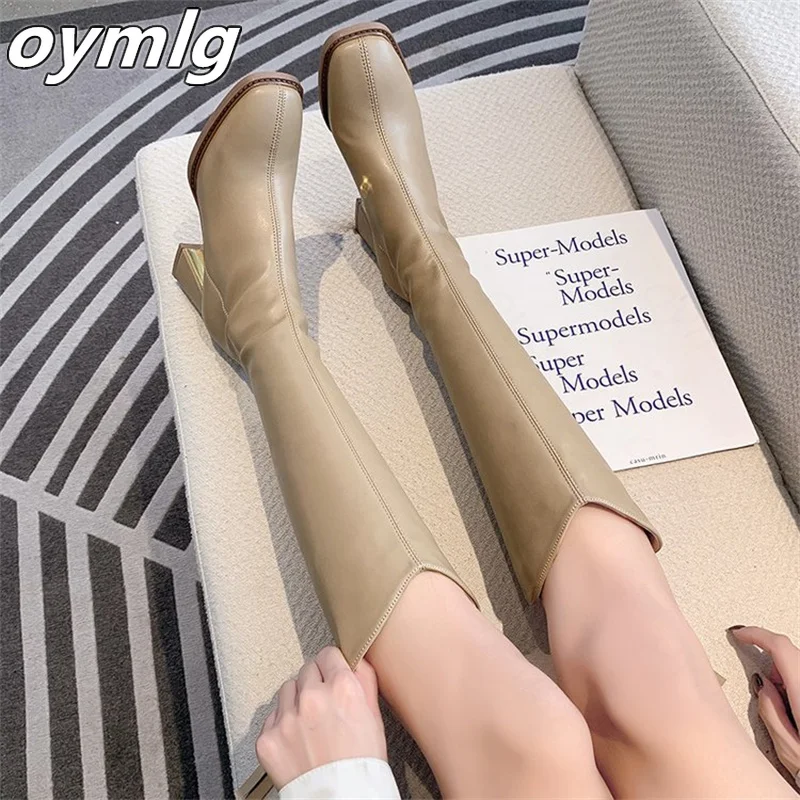High boots women's 2022 winter new thick heels, middle heels, but knee high boots, rear zipper, thin boots, fashion single boots