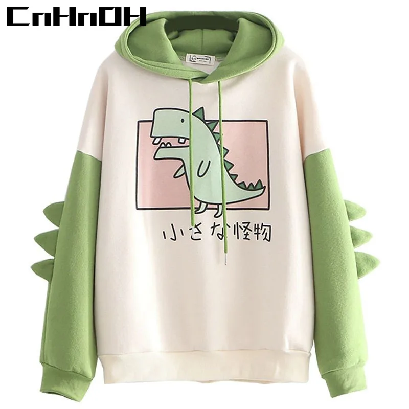 Dinosaur Oversized Cartoon Hoodie Women Fashion Sweatshirt Casual Print Korean Style Thicken Sweatshirt Winter dino hoodie Tops